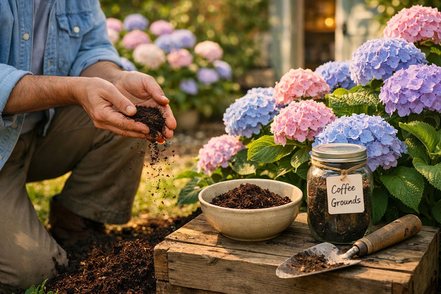 Pessoa a usar borras de café como fertilizante para hortênsias cor-de-rosa e lilás num jardim ensolarado.