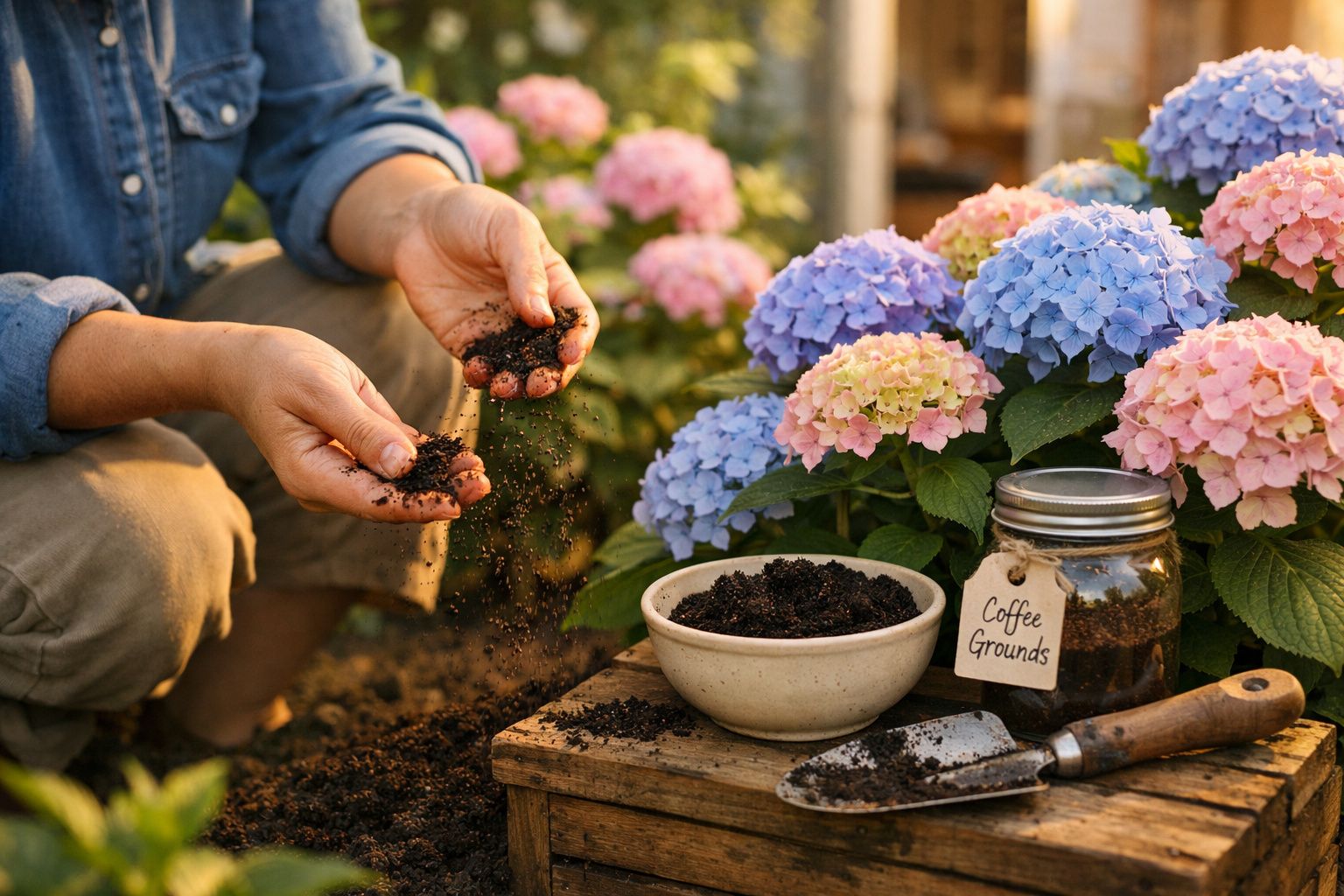 Pessoa a manusear terra com restos de café junto a flores coloridas num jardim.