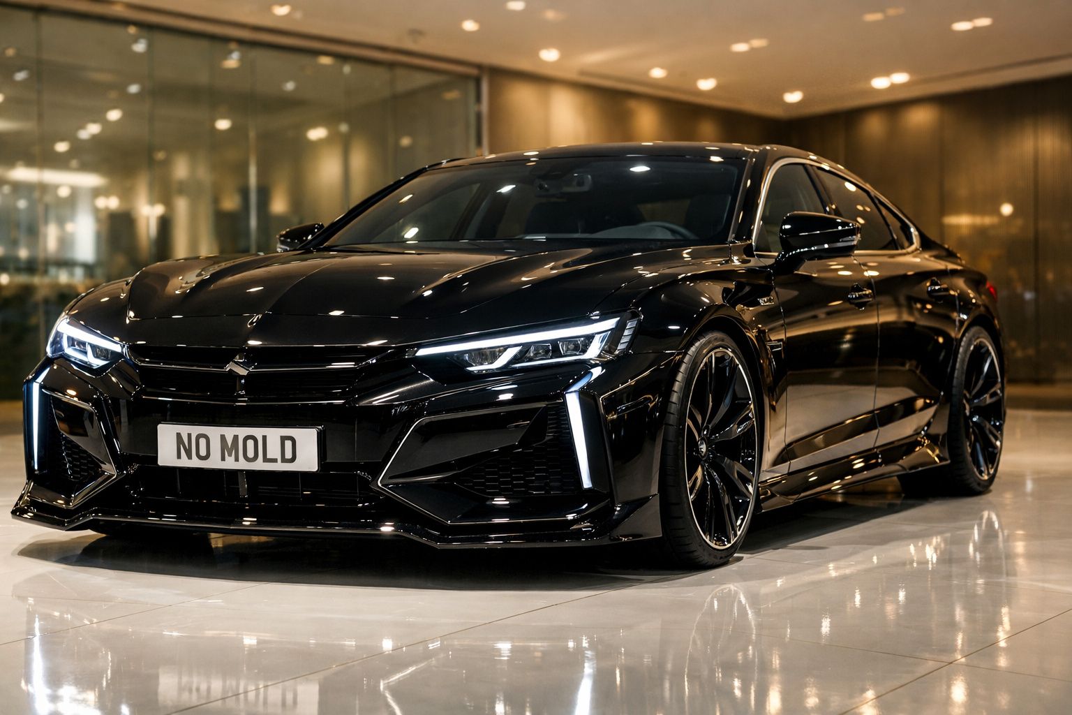 Carro desportivo preto estacionado em interior, com faróis LED acesos e matrícula personalizada "NO MOLD".