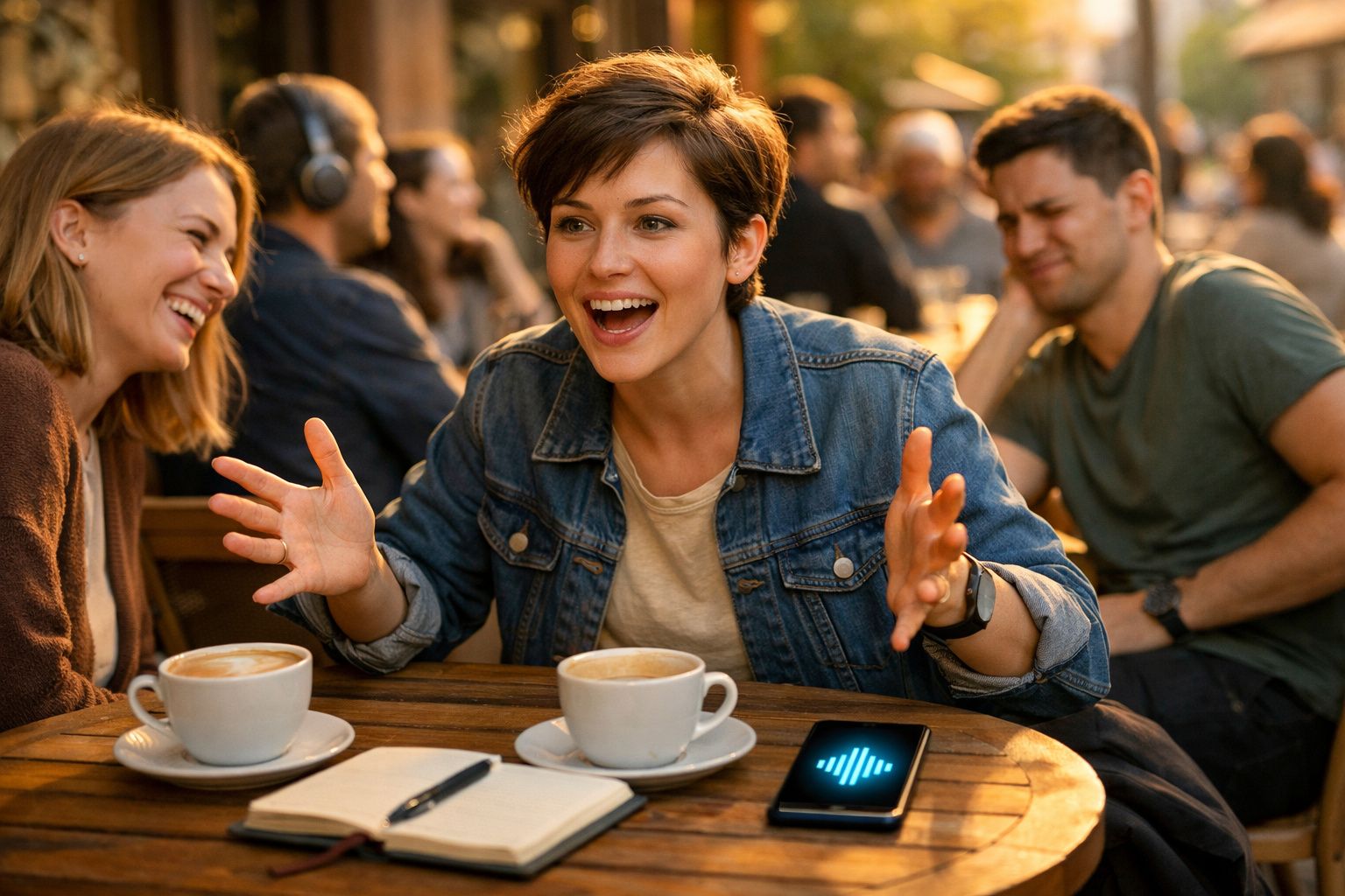 Duas amigas sorridentes conversam animadamente numa esplanada com café e telemóvel numa mesa de madeira.