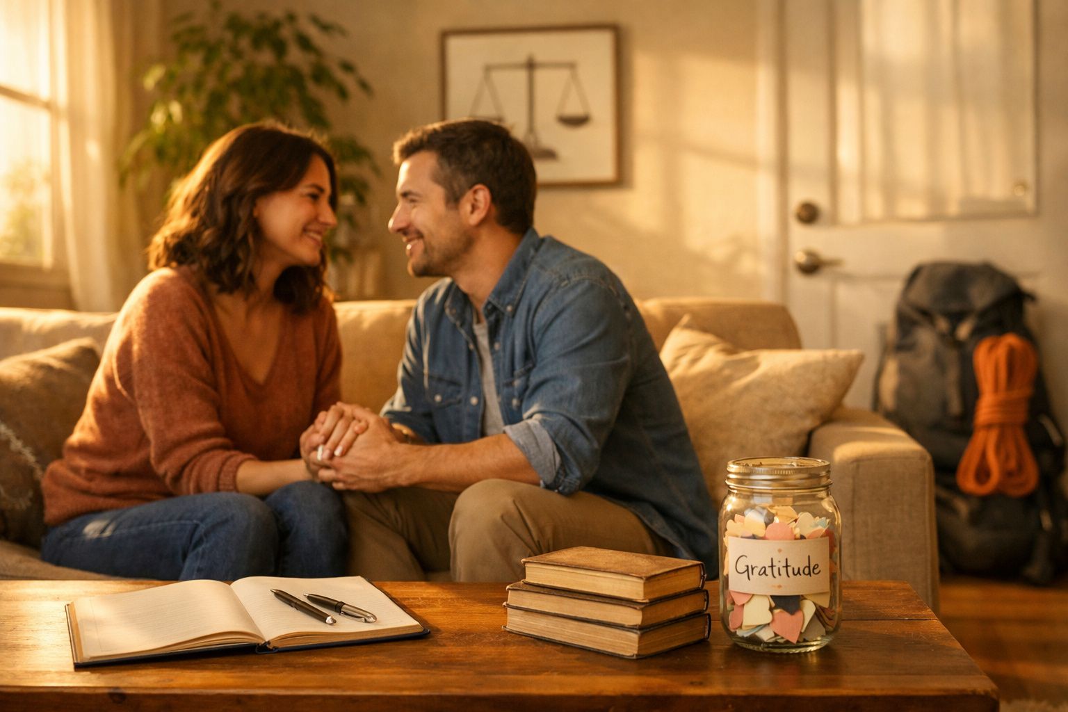 Casal sorridente sentado no sofá a segurar mãos, com frasco de gratidão e livros sobre a mesa.