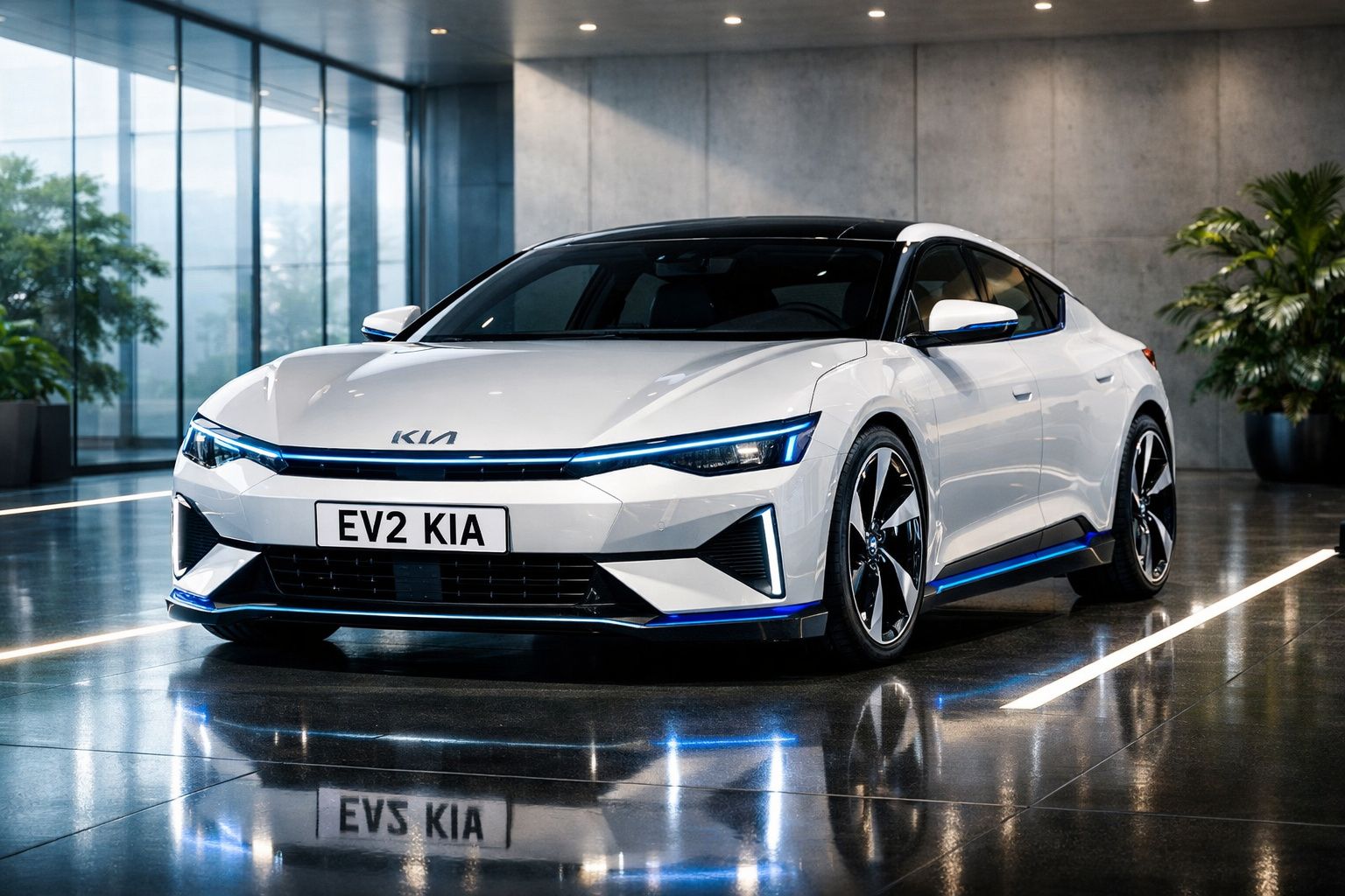 Carro elétrico Kia EV6 branco estacionado em piso brilhante dentro de um edifício moderno.