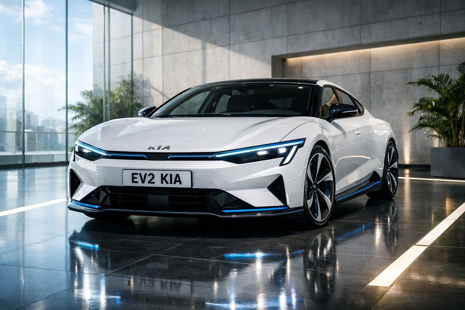 Carro elétrico branco KIA EV2 estacionado em interior moderno com chão refletor e plantas.