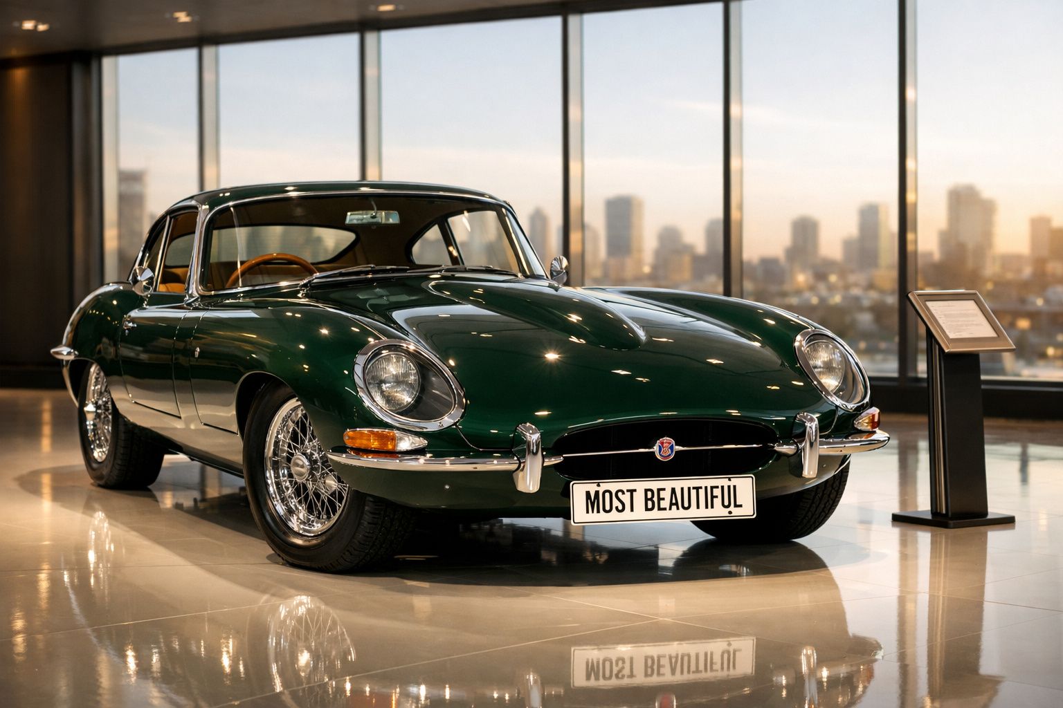 Carro clássico desportivo verde escuro exposto em museu com vista urbana ao fundo.