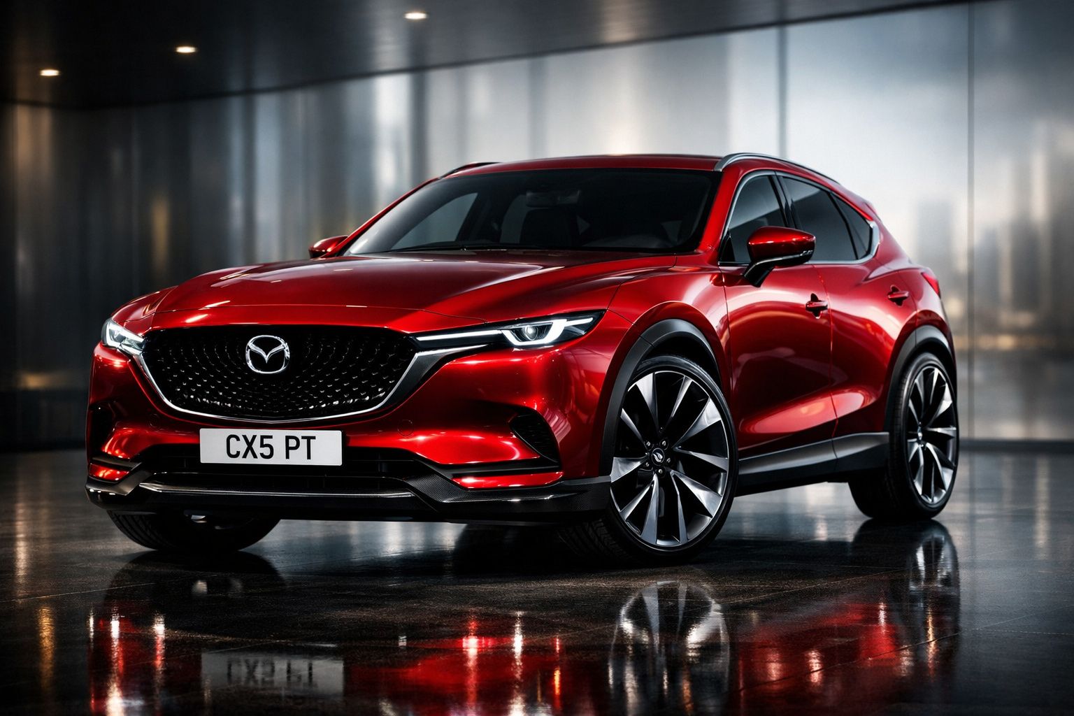 Carro SUV Mazda CX5 vermelho brilhante estacionado em ambiente interior com piso refletor.