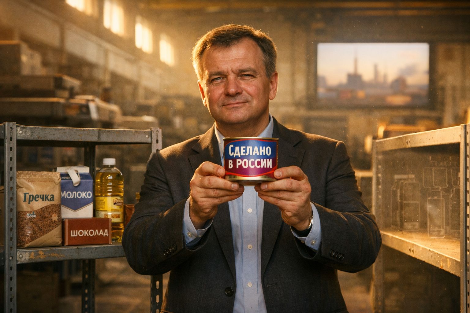 Homem de fato a segurar uma lata com texto em russo numa armazém com prateleiras e produtos.