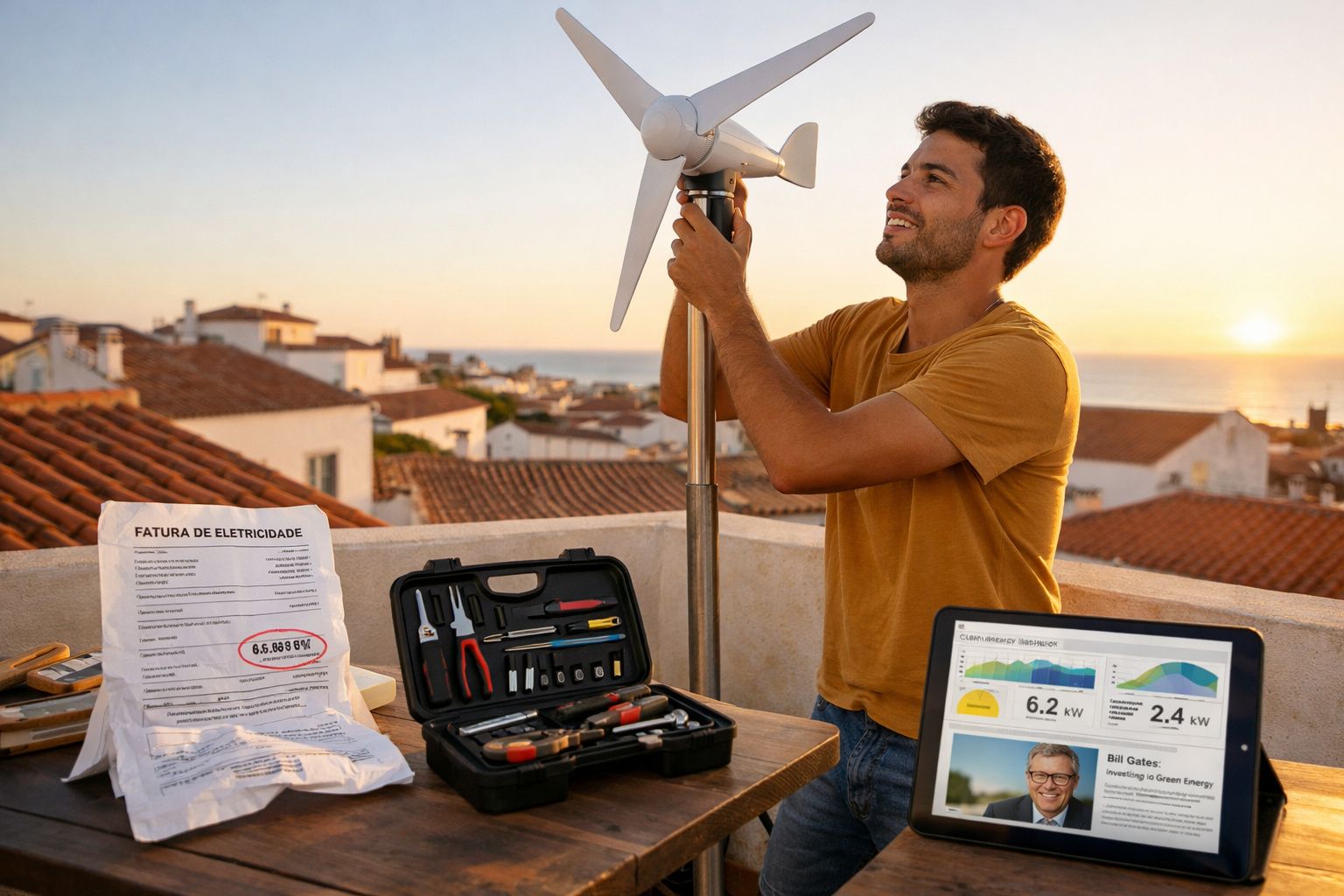 Homem ajusta turbina eólica no terraço ao pôr do sol com fatura e ferramentas numa mesa próxima.