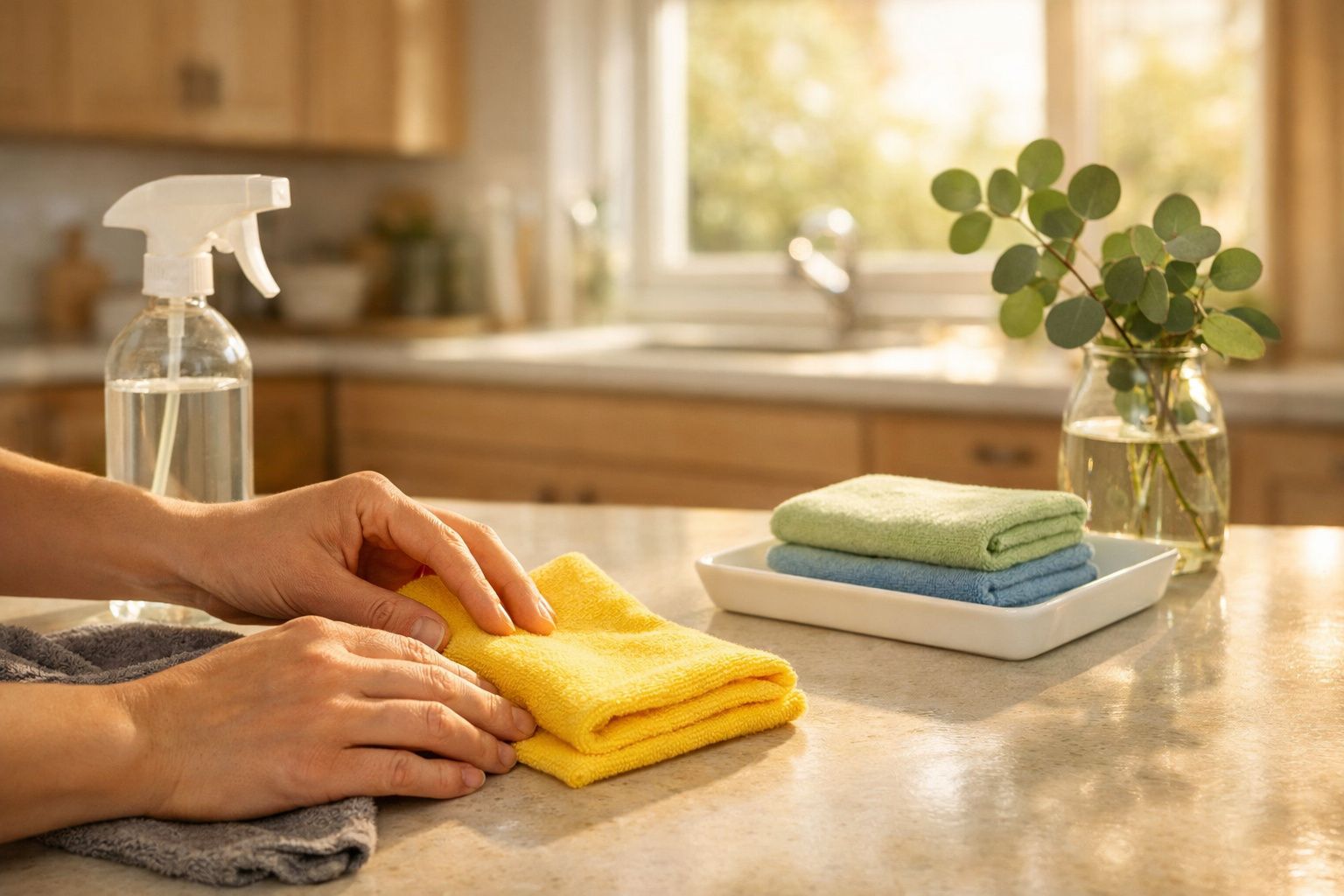 Mãos a dobrar pano amarelo numa bancada de cozinha com toalhas e planta num frasco em ambiente iluminado.