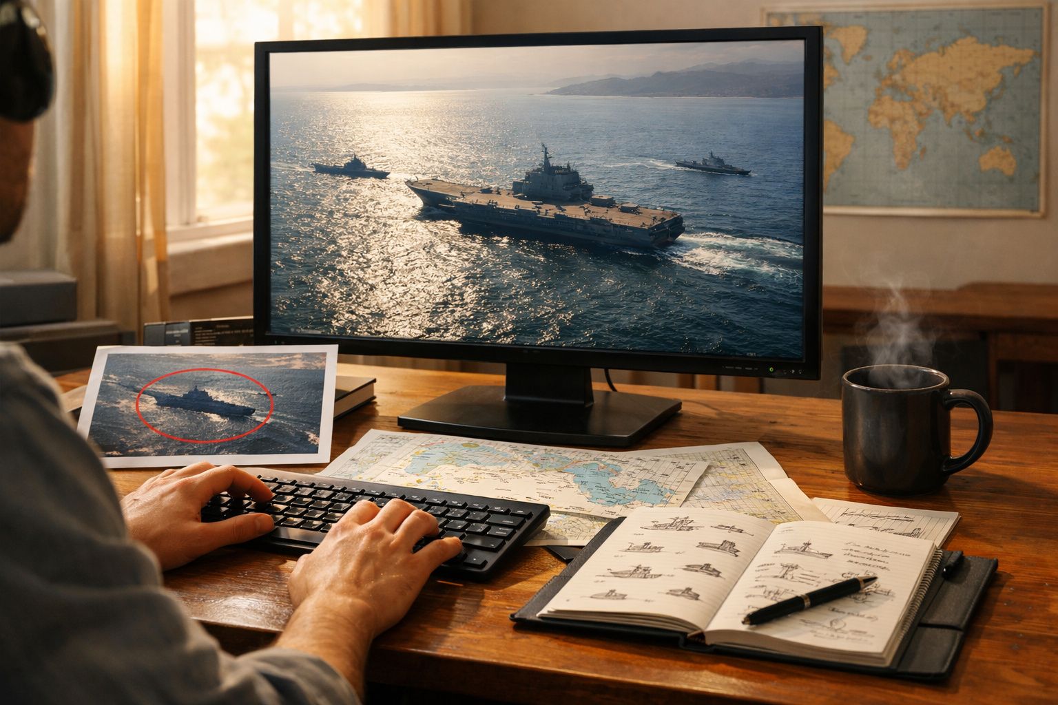 Pessoa a analisar imagem de um porta-aviões no ecrã do computador com mapas e caderno de desenhos na secretária.