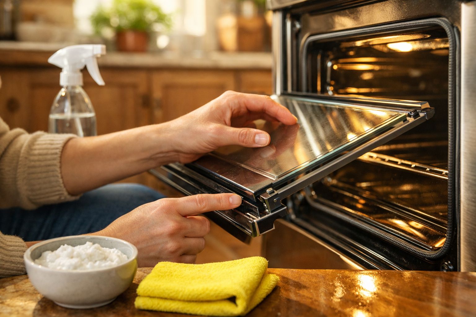 Duas mãos a abrir a porta de um forno elétrico na cozinha, com limpeza visível e utensílios próximos.