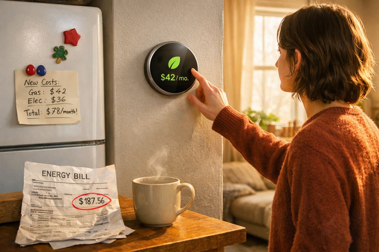 Pessoa a ajustar termóstato digital na parede, com contas de energia e chá quente numa mesa.