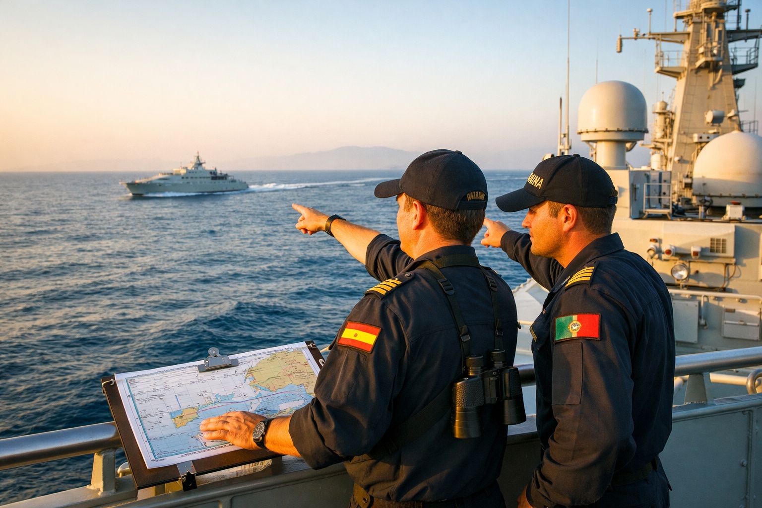 Dois oficiais navais com uniformes da Marinha de Espanha e Portugal observam e apontam para um navio ao longe no mar.