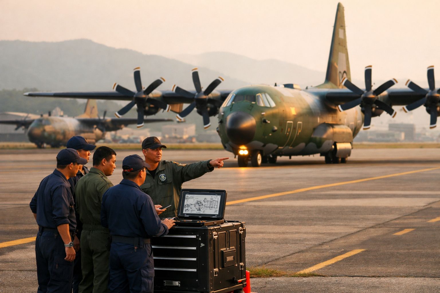 Cinco militares em uniforme discutem junto a um computador com avião de transporte militar ao fundo num aeroporto.