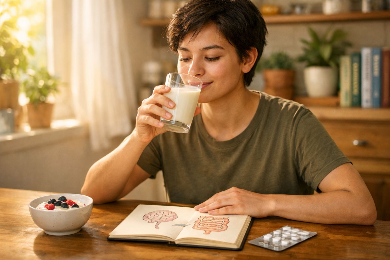 Pessoa a beber um copo de leite enquanto lê um livro sobre o sistema digestivo numa mesa com pequeno-almoço.