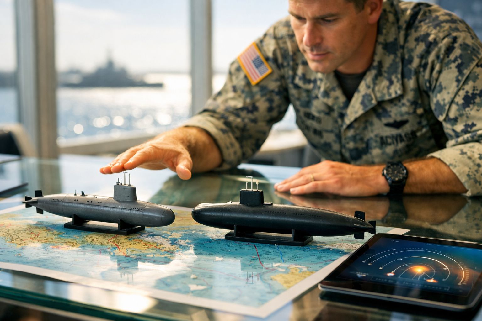 Militar com uniforme camuflado americano manuseia modelos de submarinos sobre mapa numa mesa de vidro.