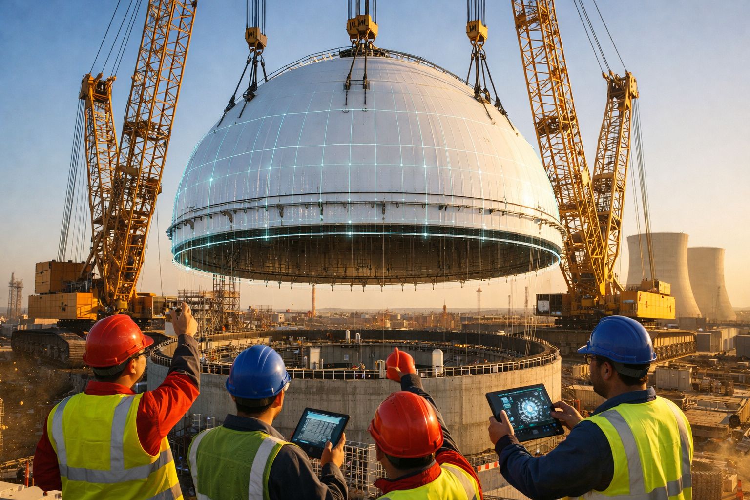 Engenheiros com capacetes a controlar a colocação de uma grande cúpula metálica numa central industrial.