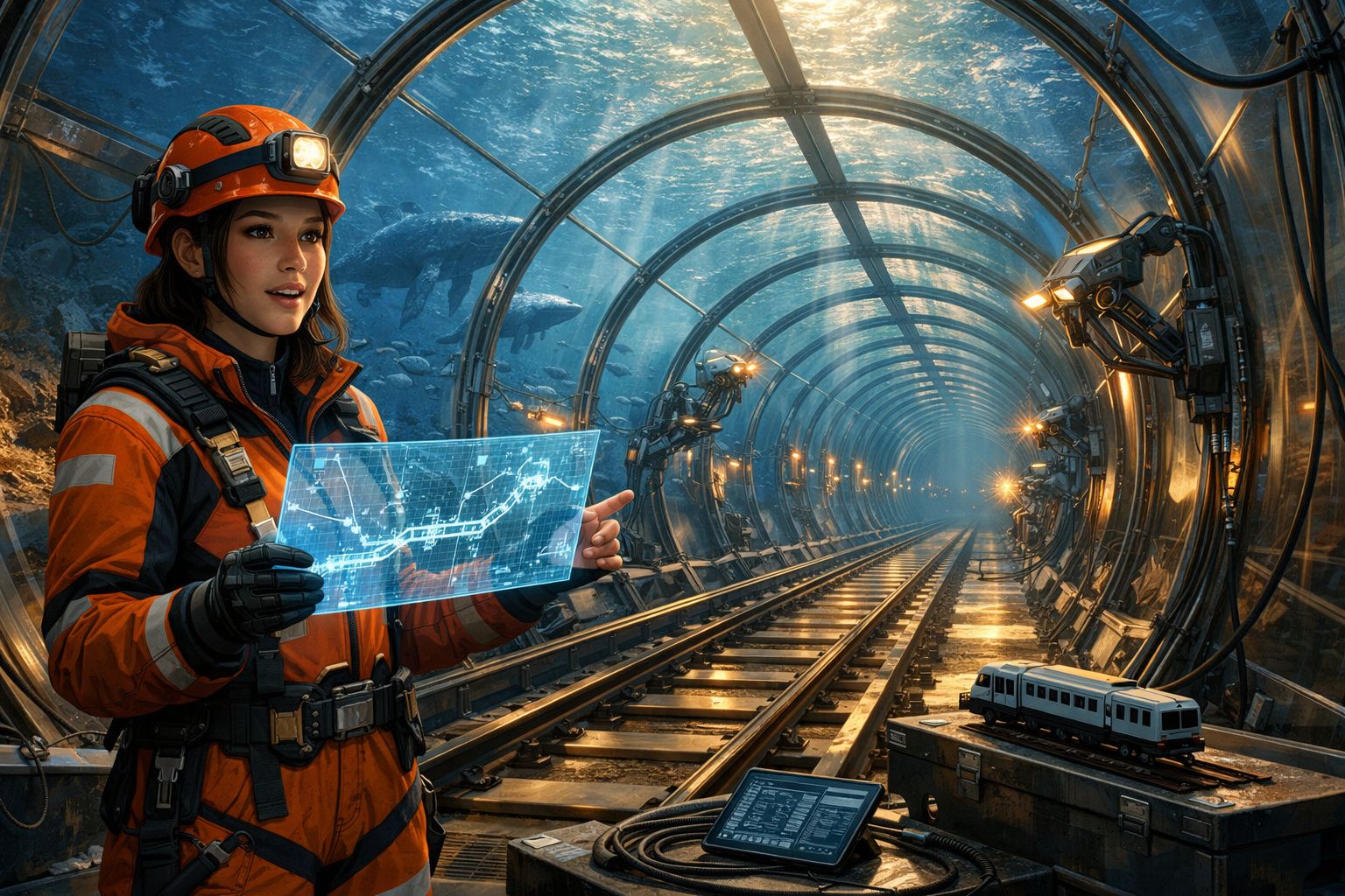 Mulher com capacete e fato de proteção analisa holograma num túnel ferroviário subaquático futurista.