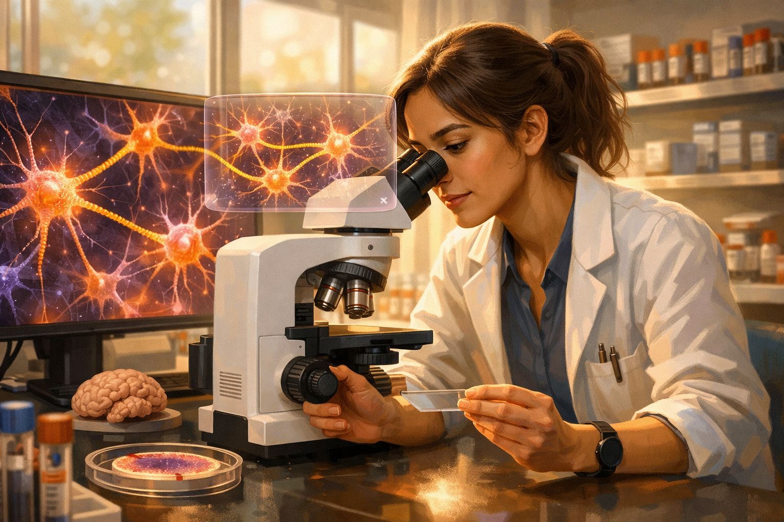 Cientista mulher a observar lâmina ao microscópio com imagens de neurónios e cérebro ao fundo.
