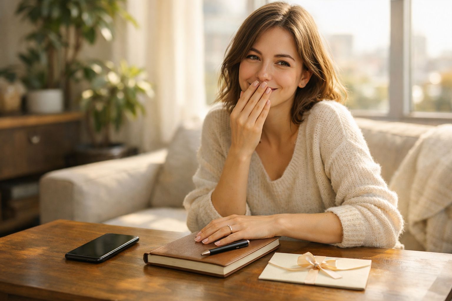 Mulher sorridente com mão no rosto sentada numa sala acolhedora com cadernos e telemóvel numa mesa de madeira.
