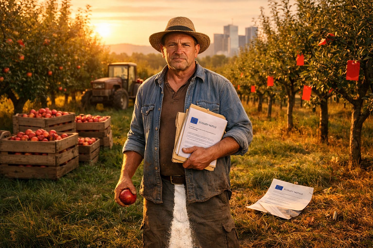 Homem numa plantação de maçãs ao pôr do sol, segurando maçã e documentos, com tratores e caixas de maçãs ao fundo.