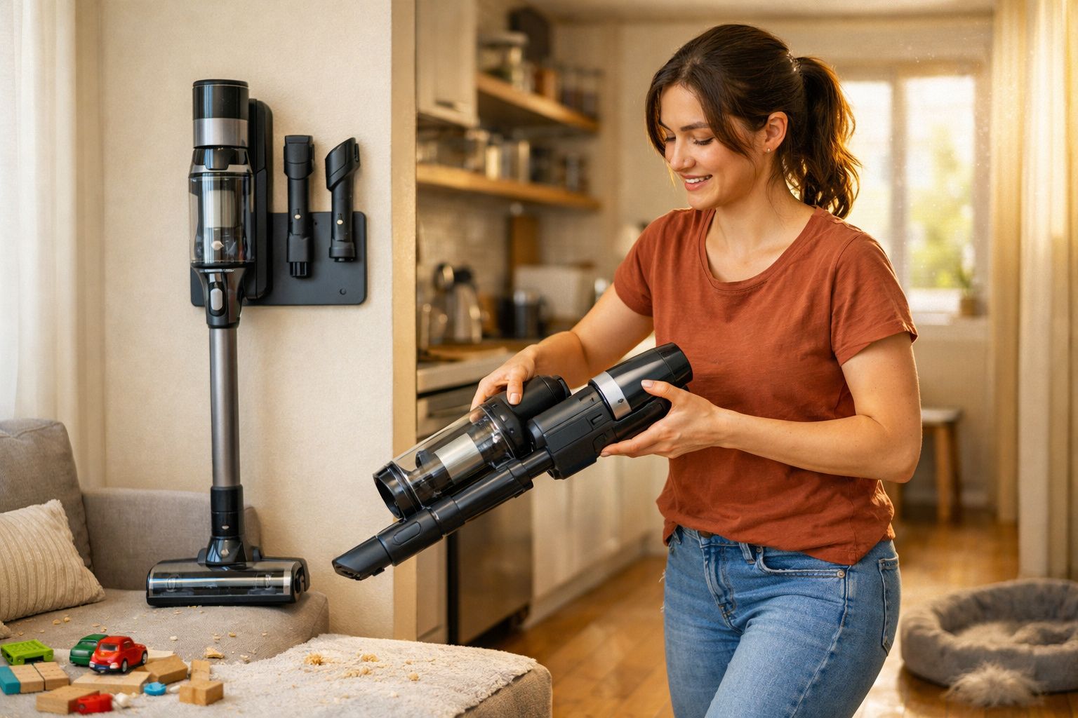 Mulher a limpar sofá com aspirador sem fios numa sala de estar luminosa.