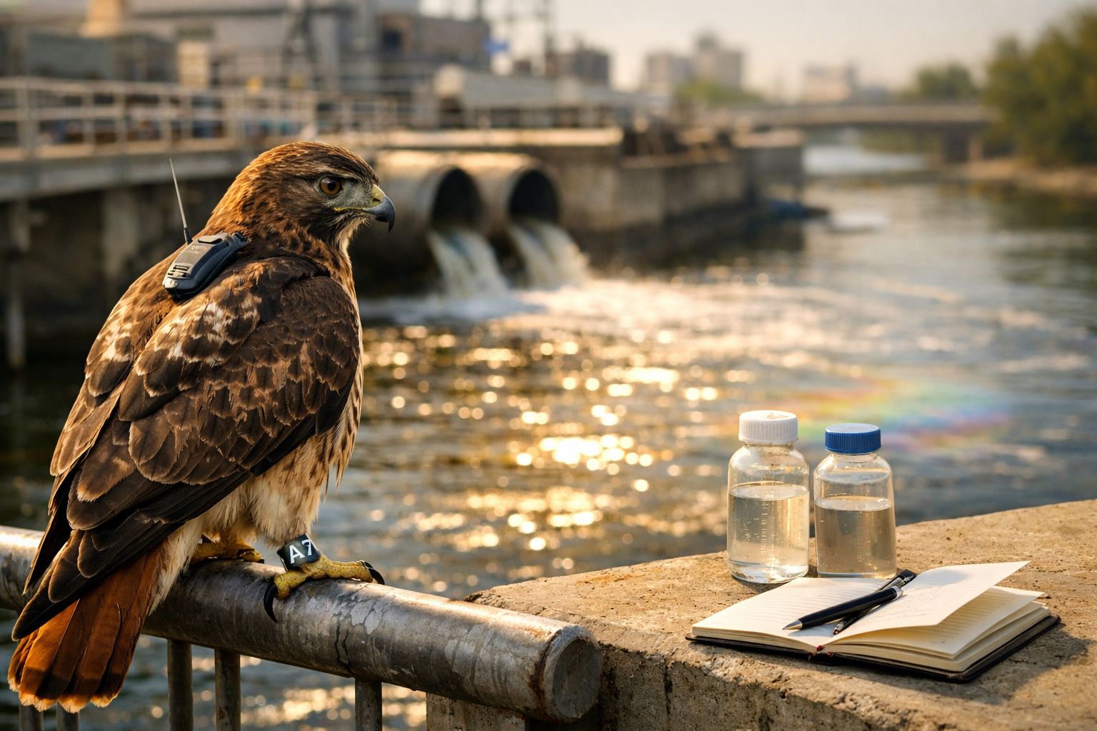 Falcão com dispositivo de rastreamento junto a um rio poluído, com garrafas e caderno sobre uma superfície.