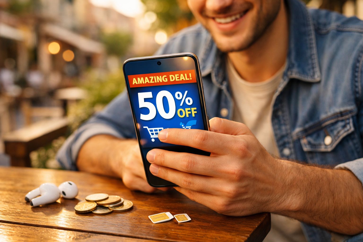 Homem consulta oferta de 50% desconto no telemóvel, com moedas, cartões e auriculares na mesa.
