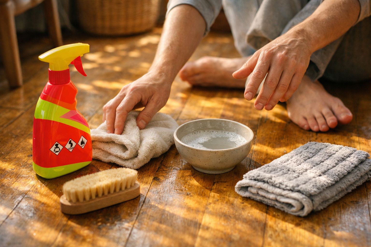 Pessoa a limpar chão de madeira com pano, escova, balde de água e pulverizador de limpeza colorido.