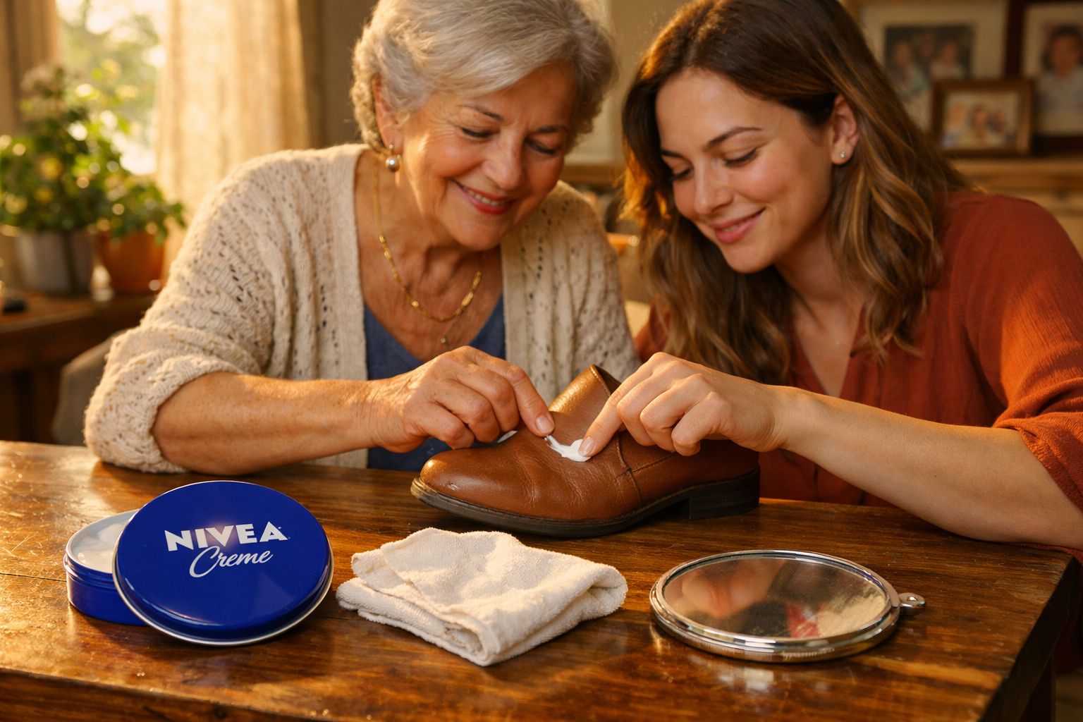Duas mulheres aplicam creme NIVEA num sapato castanho numa mesa de madeira iluminada pela luz natural.