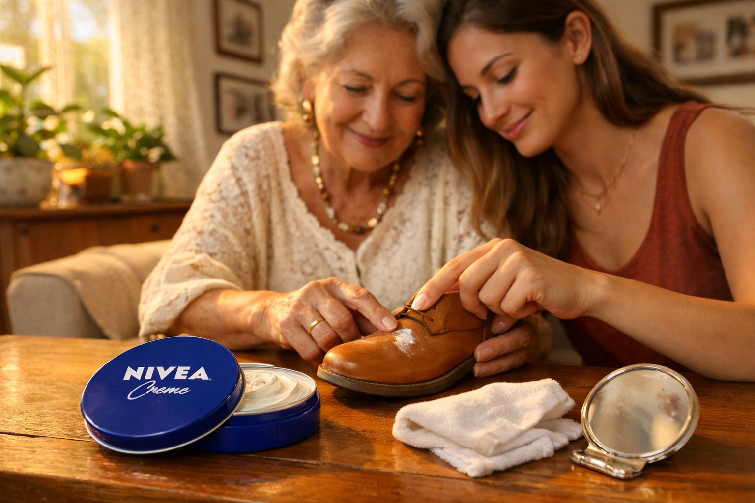 Duas mulheres limpam e cuidam de um sapato castanho com creme Nivea e um pano numa mesa de madeira.
