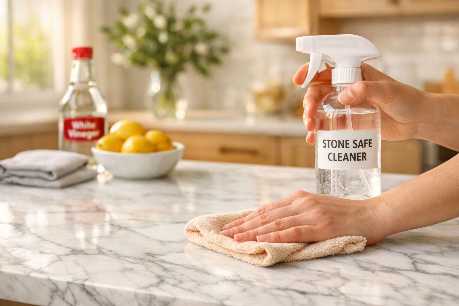 Mãos a limpar uma superfície de pedra com spray de limpeza e pano, com limões e vinagre ao fundo numa cozinha.