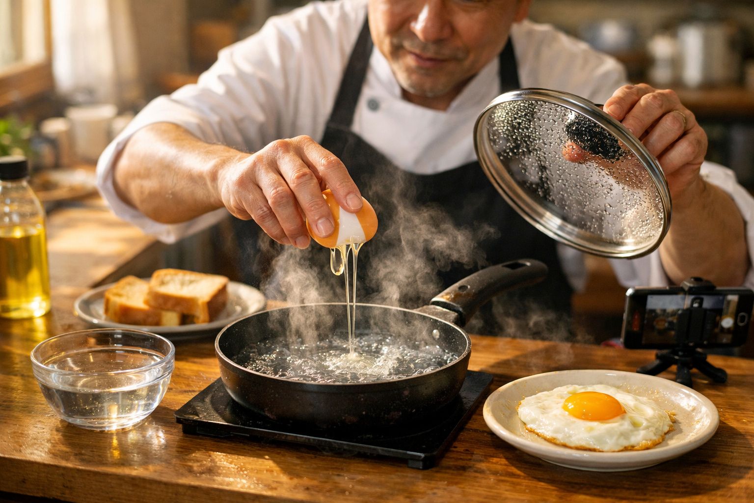 Pessoa a partir um ovo numa frigideira a ferver para cozinhar, com ovo estrelado e fatias de pão ao lado.