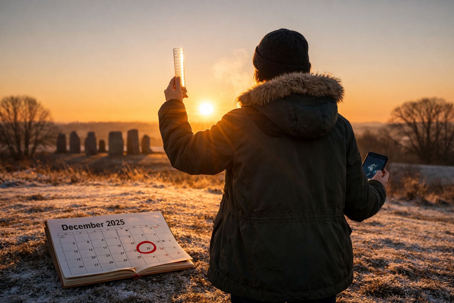 Pessoa de casaco e gorro observa o nascer do sol segurando um aparelho e uma régua junto a um calendário aberto.