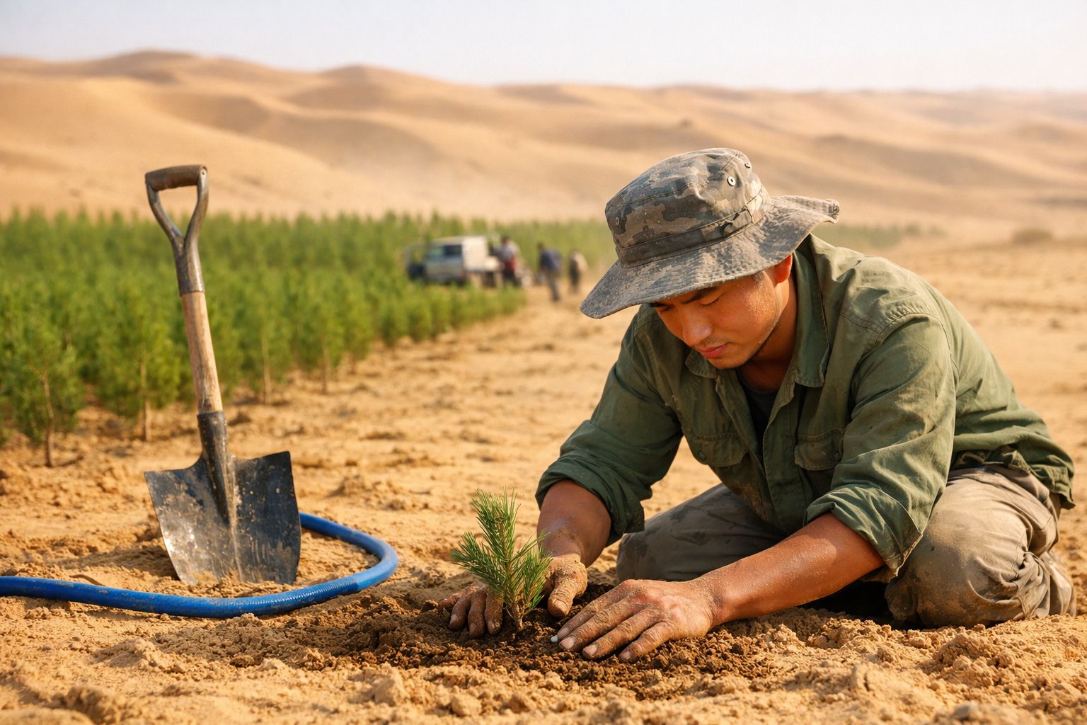 Homem a plantar uma pequena árvore num terreno árido com dunas e vegetação ao fundo.