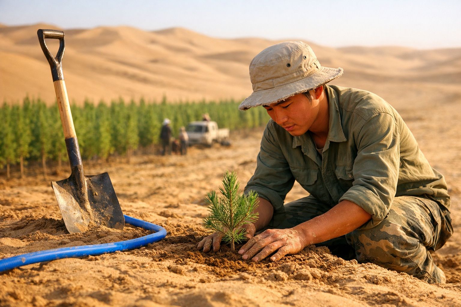 Homem de chapéu a plantar uma pequena árvore numa área árida com uma pá e mangueira ao lado.
