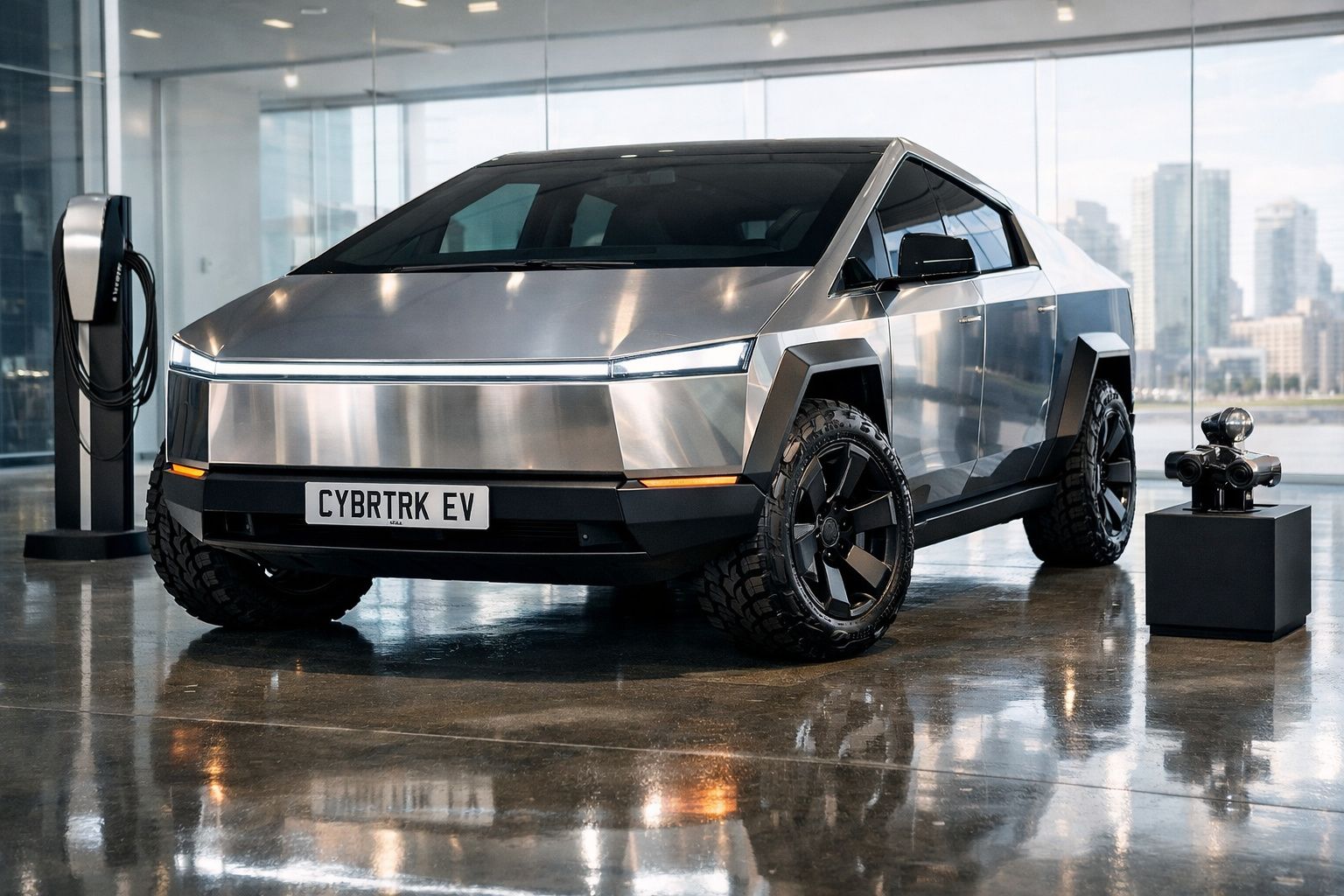 Carro elétrico Tesla Cybertruck EV prateado com design futurista estacionado em interior moderno.
