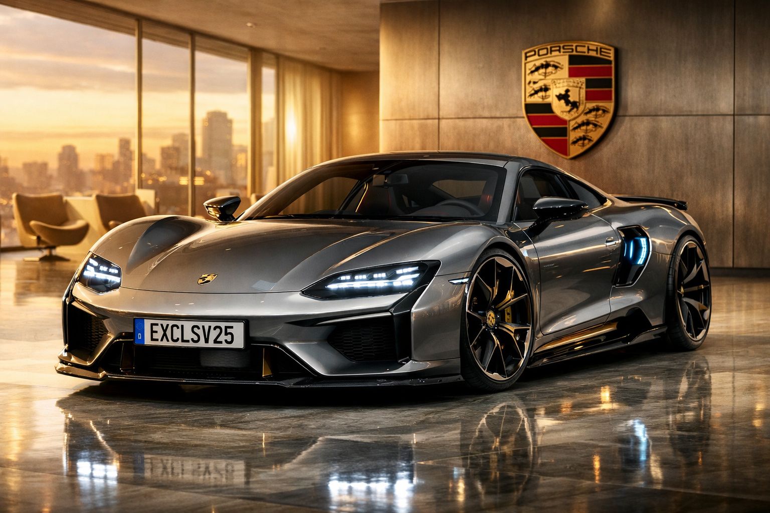 Carro desportivo Porsche prata estacionado em interior com luzes LED ligadas ao pôr do sol.