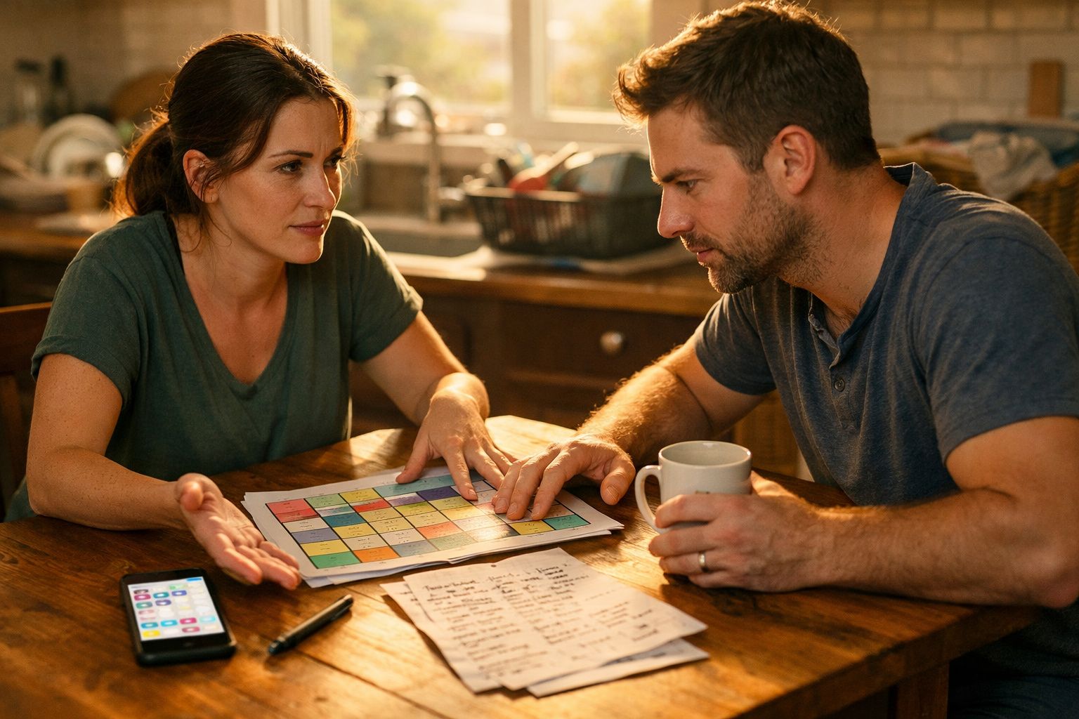 Casal sentado à mesa com tabuleiro de jogo, discutindo e com folhas e telemóvel à frente numa cozinha.