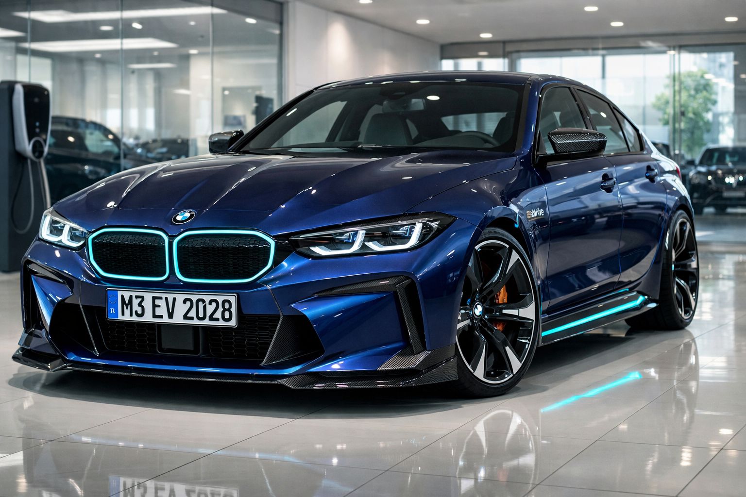 Carro elétrico BMW M3 azul escuro estacionado em piso brilhante, sala com iluminação natural.