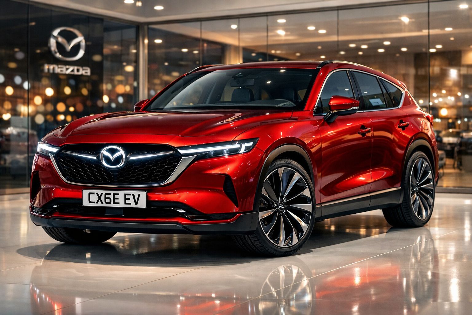 Carro elétrico Mazda CX-6 EV vermelho em exibição num salão com iluminação moderna.
