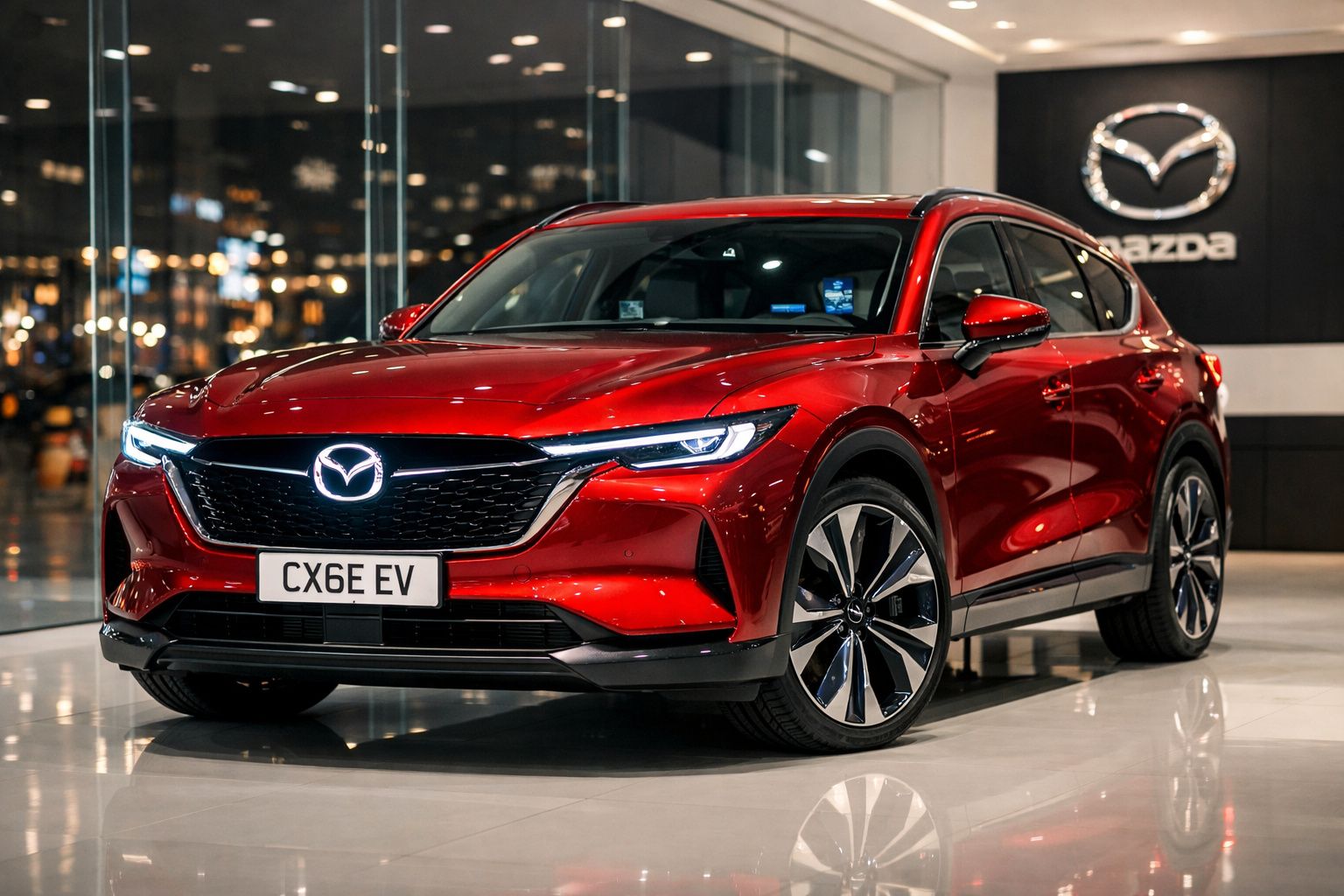 Carro elétrico Mazda CX-60 EV vermelho em exposição numa concessionária Mazda à noite.