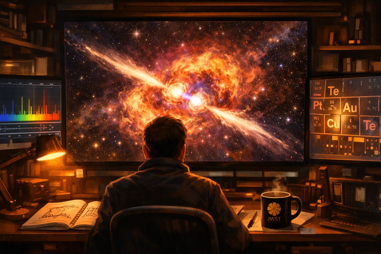 Pessoa a observar imagem cósmica de fusão estelar num ecrã grande rodeado por monitores e livros numa sala.