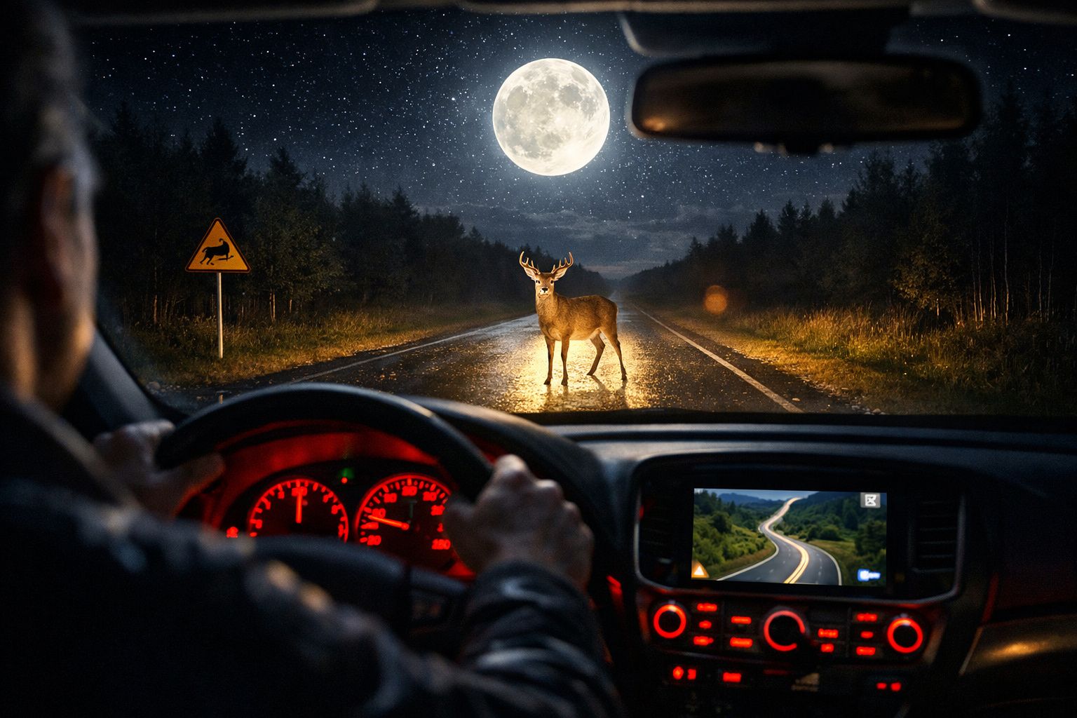Cervo parado na estrada iluminada pelos faróis de um carro à noite, com lua cheia e floresta ao fundo.