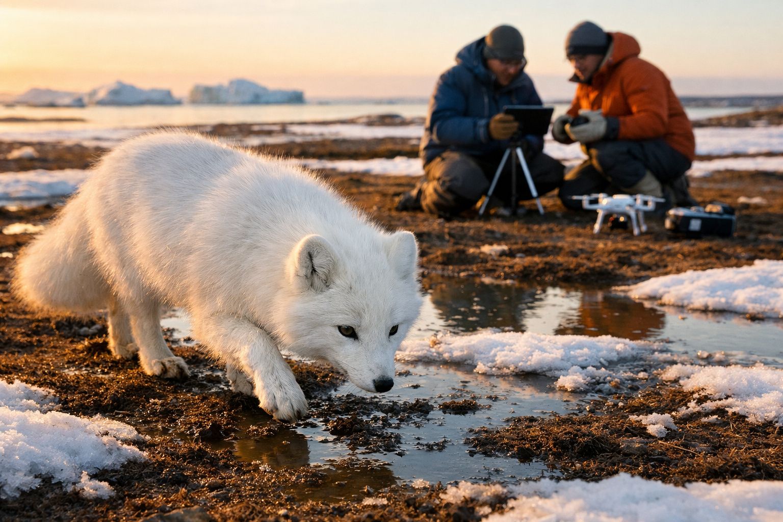Raposa branca junto a lama e neve, com duas pessoas ao fundo a operarem um drone numa paisagem gelada.
