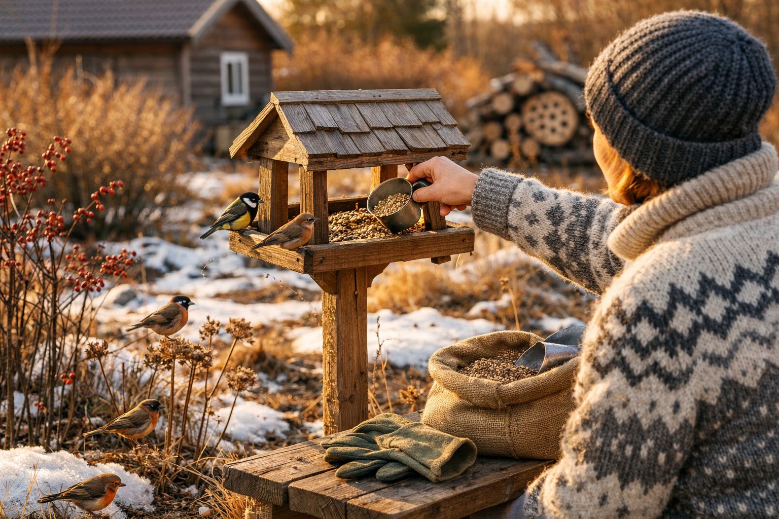 Pessoa a alimentar pássaros numa casinha de madeira durante o inverno, com neve no chão e vegetação seca.