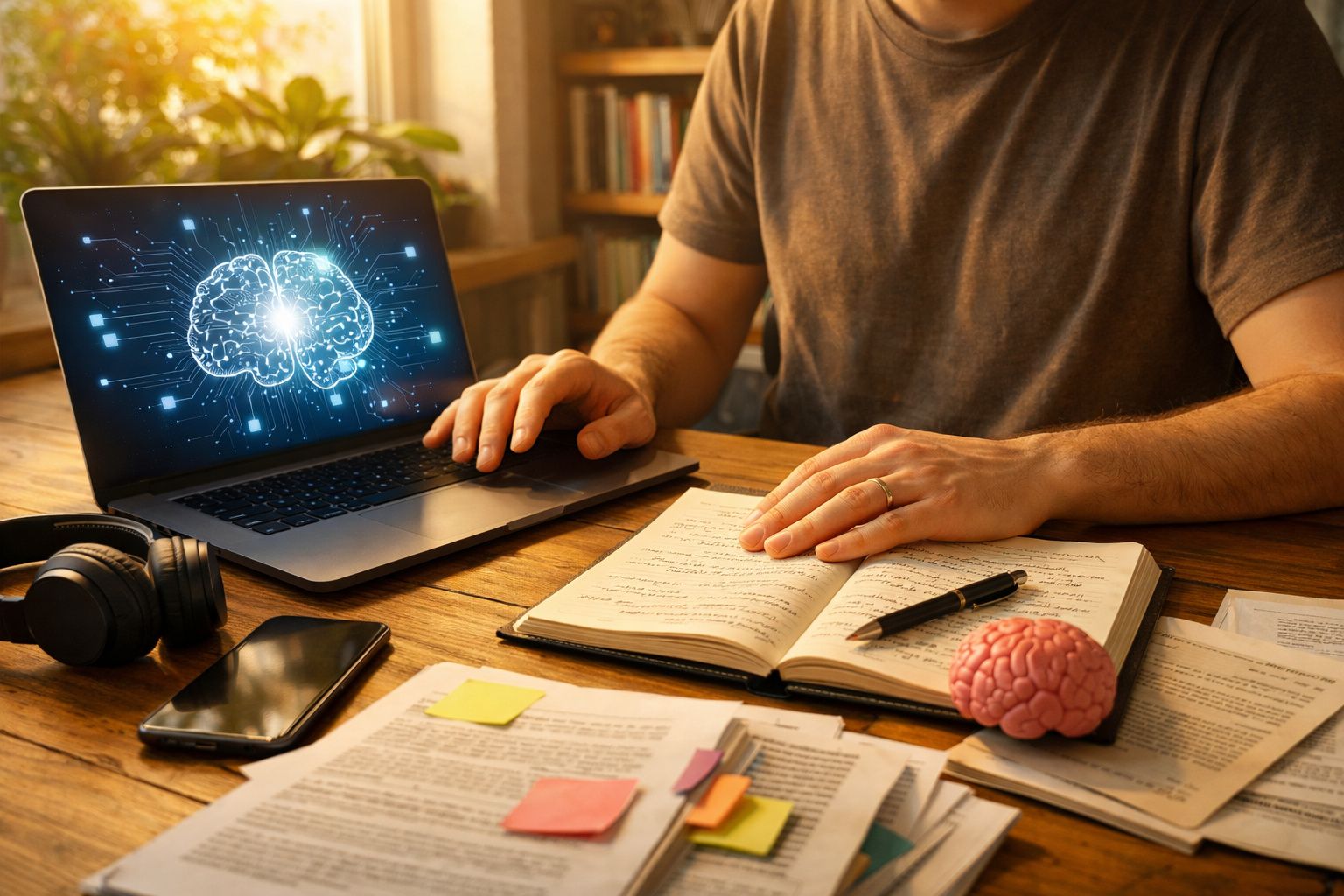 Pessoa a estudar com notebook, caderno, cérebro em miniatura e documentos numa mesa de madeira.