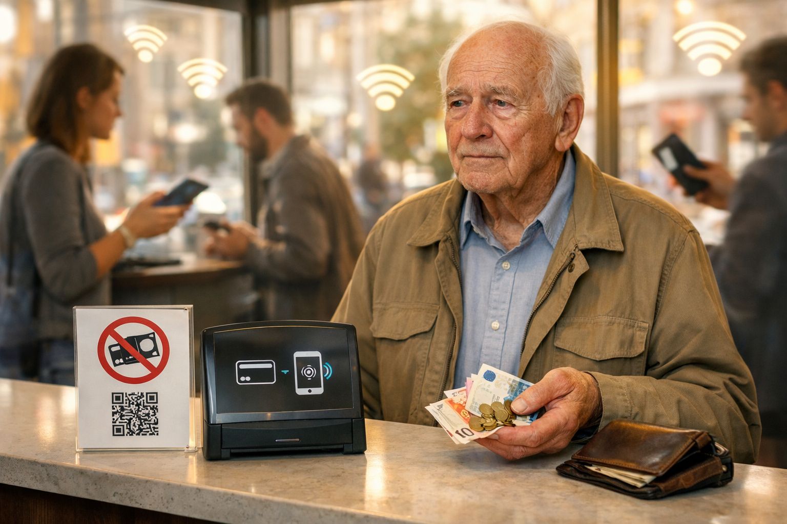 Idoso a pagar em dinheiro num café, com símbolo de pagamento contactless e proibição de cartões.