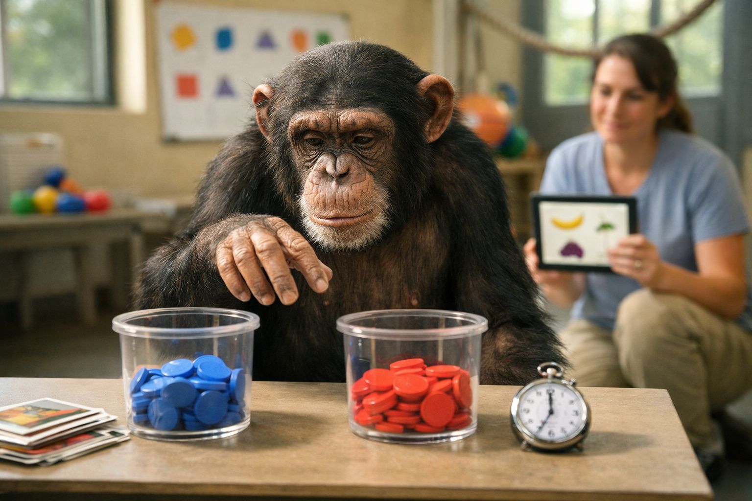 Chimpanzé a escolher fichas azuis ou vermelhas em experiência científica, com mulher a observá-lo ao fundo.