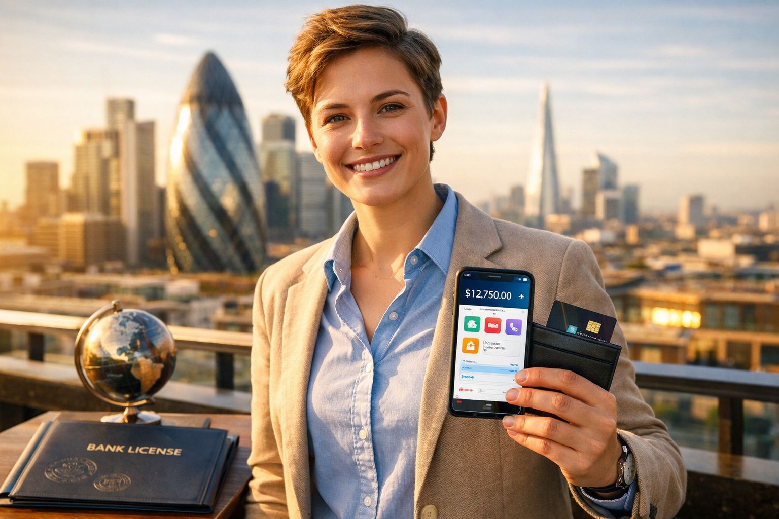 Mulher sorridente mostra aplicação financeira no telemóvel com skyline de Londres ao fundo ao pôr do sol.