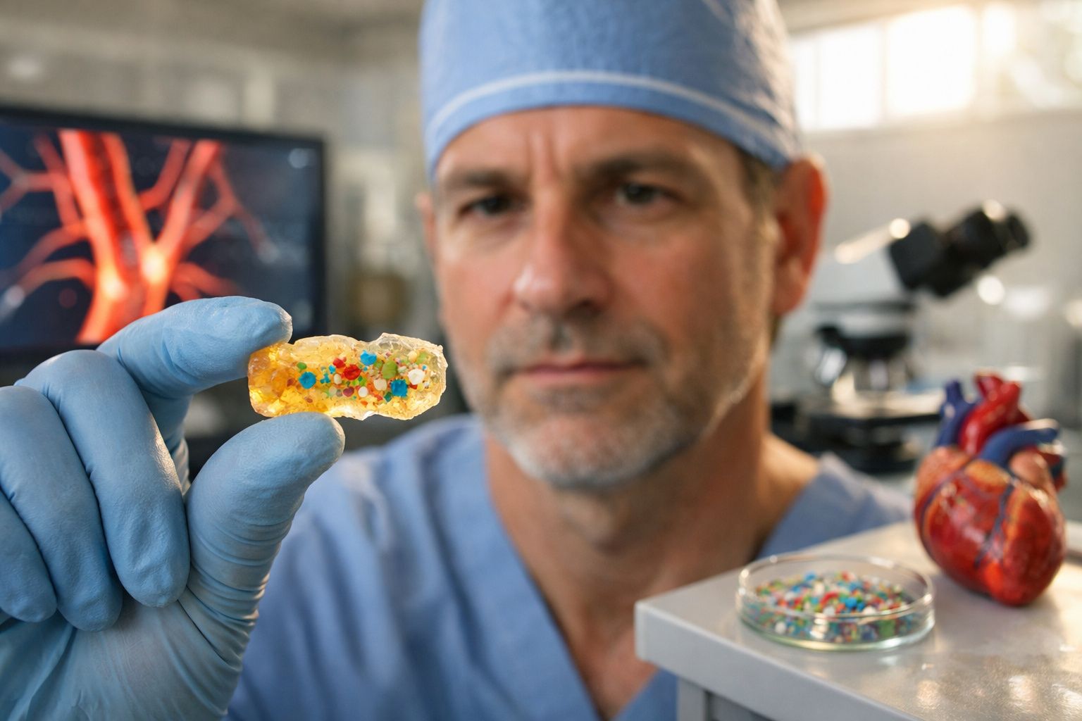 Cientista com luvas azuis a segurar amostra com partículas coloridas em laboratório de pesquisa cardíaca.